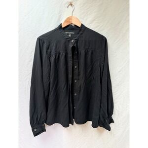 Banana Republic Womens Black Band Collar Button Down Blouse Shirred Yoke Large